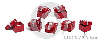 Red gift boxes with silver ribbon complect isolated Stock Photo