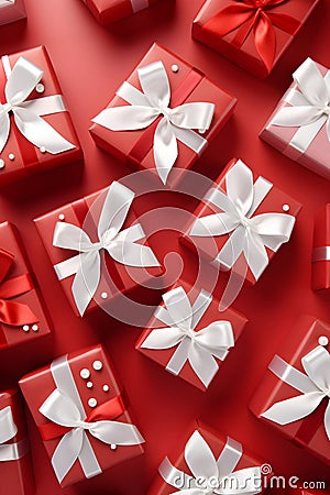 Red gift group with white ribbons on red background. Stock Photo