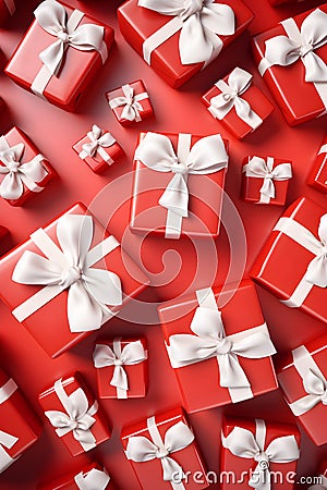 Red gift group with white ribbons on red background. Stock Photo