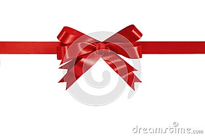 Red gift ribbon bow straight horizontal isolated on white. Stock Photo