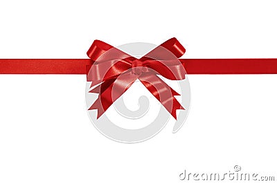 Red gift ribbon bow straight horizontal isolated on white. Stock Photo