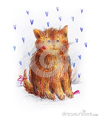 Red ginger cute fluffy kitten. Drawing in colored pencils. Handwork illustration for design Cartoon Illustration