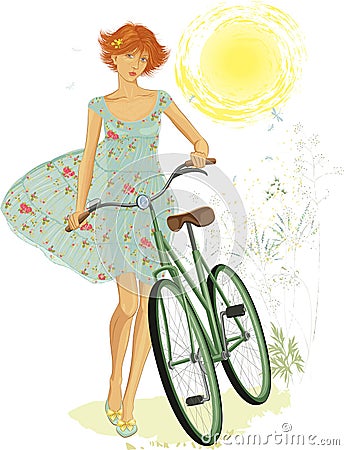 Red girl with bicycle Vector Illustration