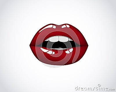 Red girl lips. Woman red mouth. Female chic velvet kiss with lipstick, gloss.Valentines, mothers day logo Stock Photo