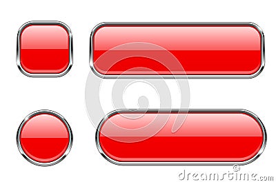 Red glass buttons with chrome frame. Set of blank shiny 3d web icons Vector Illustration