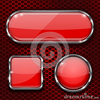 Red glass 3d buttons with chrome frame on metal perforated background Vector Illustration