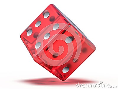 Red glass playing dice isolated on white background. 3D Stock Photo