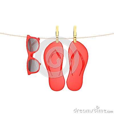 Red glasses and flip flops hanging on rope with clothespins, isolated on white, summer background Stock Photo