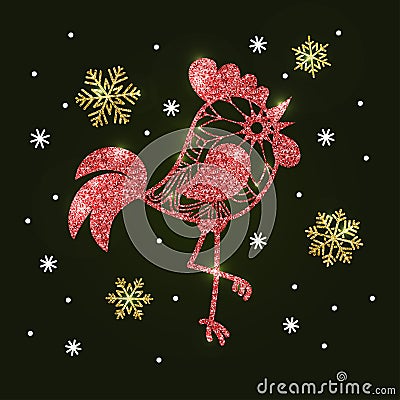 Red glitter rooster and golden snowflakes on dark green background. Symbol of the Chinese New Year. Vector Illustration