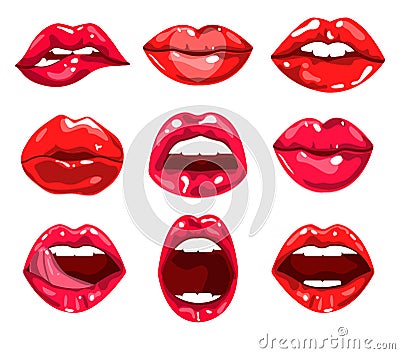 Red glossy lips and female mouth expressing different emotions set Vector Illustration