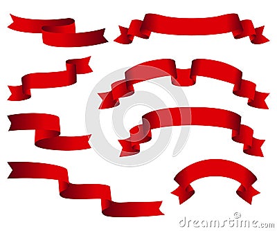 Red glossy ribbon vector banners set. Ribbons collection isolated on white background Vector Illustration