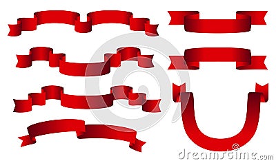 Red glossy ribbon vector banners set. Ribbons collection isolated on white background Vector Illustration