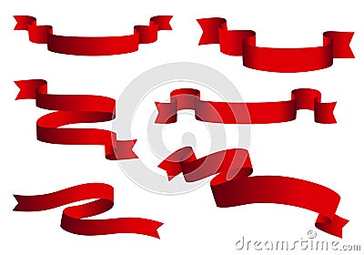 Red glossy ribbon vector banners set. Ribbons collection isolated on white background Vector Illustration