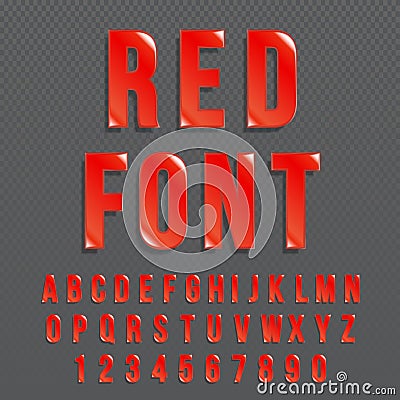 Red glossy vector font or red alphabet. Red colored typeface. Red colored alphabet typographic illustration. Cartoon Illustration