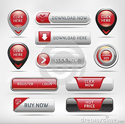Red Glossy Web Button Set. Vector Illustration