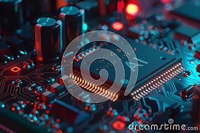Red glowing AI microprocessor for artificial intelligence on circuit. Stock Photo