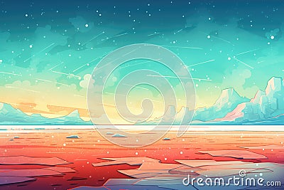 red-glowing aurora above a desolate icy field Stock Photo