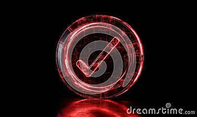 Red glowing check mark symbol, digital design, futuristic style, neon light effect, dark background, 3D rendering Stock Photo