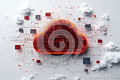 Red glowing cloud integrated with digital grids and nodes symbolizing secure cloud computing virtual data storage and advanced Cartoon Illustration