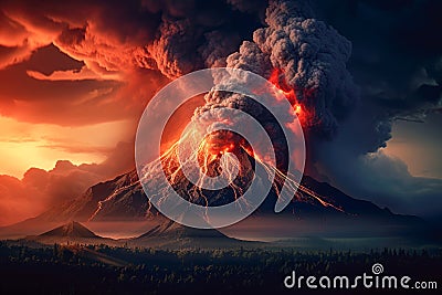 Red glowing lava flows from a volcano .Volcano eruption, flowing magma, dangerous clouds and dark environment Stock Photo