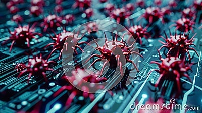 Red glowing viruses surface representing computer circuit board Stock Photo
