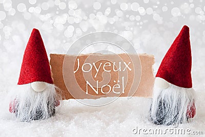 Red Gnomes With Card, Joyeux Noel Means Merry Christmas Stock Photo