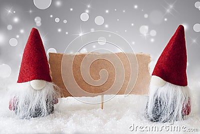 Red Gnomes With Card And Snow, Text Copy Space Stock Photo