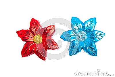 Red gold blue sparkling fake flowers decorate isolated on white Stock Photo