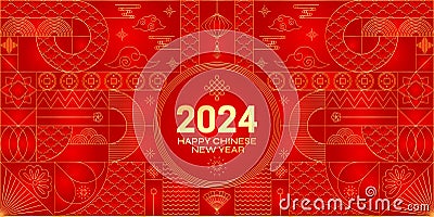 Red Gold 2024 Chinese Dragon Lunar New Year card. Modern geometrical banner. Vector Illustration