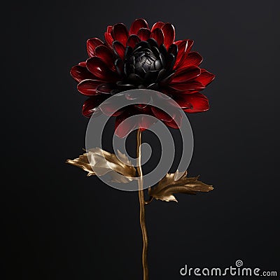 Red And Gold Flower: Minimalistic Metal Sculpture In Dark Tones Stock Photo