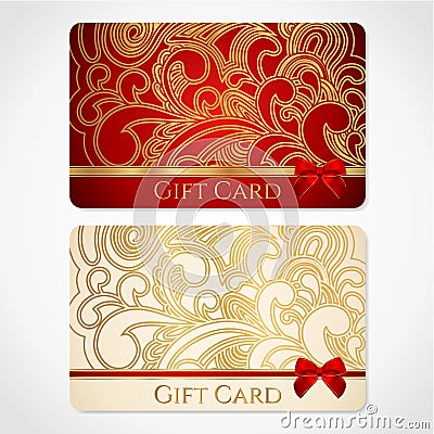 Red and gold gift card with floral pattern Vector Illustration