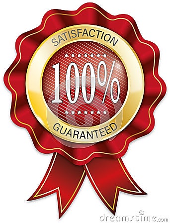 Red and gold 100% satisfaction guaranteed ribbon badge Stock Photo