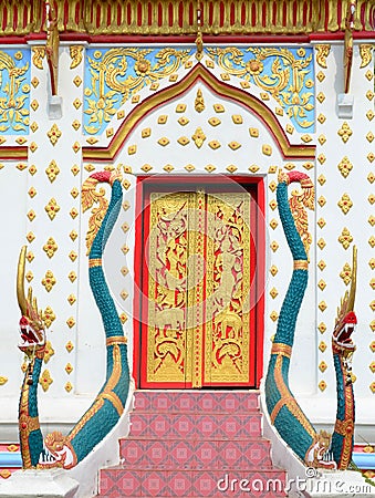 Red And Gold Thai Church Entrance With Green Serpent Stock Photo