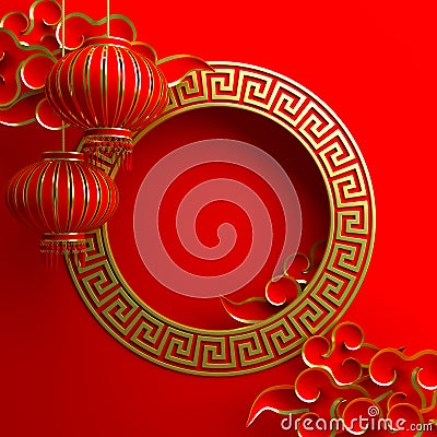 Red and gold traditional Chinese lanterns lampion. Cartoon Illustration