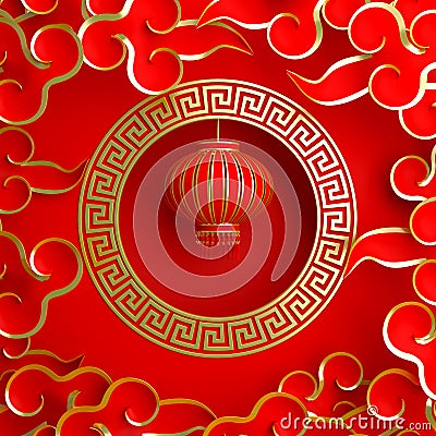 Red and gold traditional Chinese lanterns lampion, round border frame greek key and paper cut cloud. Cartoon Illustration