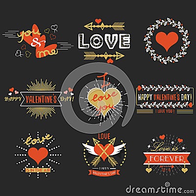 Red and golden Valentines day design elements set on black background Vector Illustration