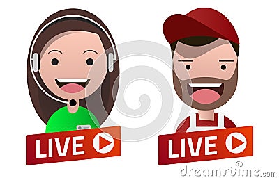 Red gradient Live Stream sign with Carpenter and Operator avatar Vector Illustration