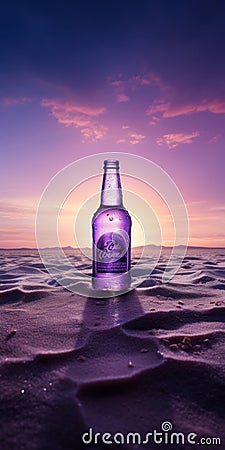Purple Alcohol Bottle On Sunset Sand - Commercial Imagery Inspired Stock Photo