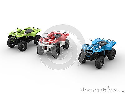 Red, green and blue four wheelers Stock Photo