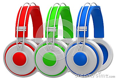 Red, green and blue headphones Stock Photo
