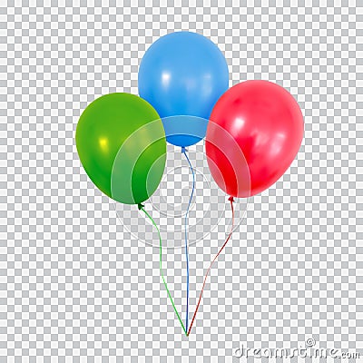 Red green and blue helium balloons set isolated on transparent background. Vector Illustration