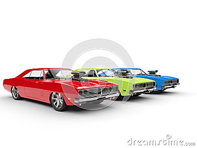 Red, green and blue muscle cars Stock Photo