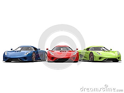 Red, green and blue supercars side by side Stock Photo