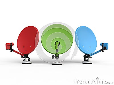 Red, green and blue TV satellite dishes Stock Photo