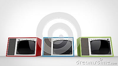 Red, green and blue vintage TV sets with white fronts Stock Photo