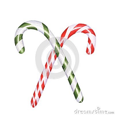 Red and green candy canes. Christmas stick. Caramel cane with striped ornate. Xmas sugar lollipop. Watercolor illustration Cartoon Illustration