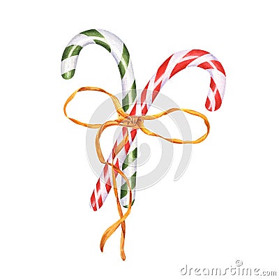 Red, green candy canes with gold bow. Christmas stick, caramel cane with striped ornate, Xmas sugar lollipop. New year present, Cartoon Illustration