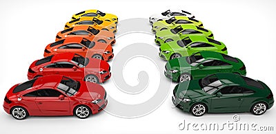 Red and green cars facing off Stock Photo