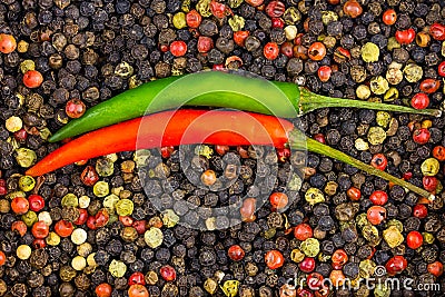 Red green chili pepper sharp parallel horizontal pod spices asia Stock Photo