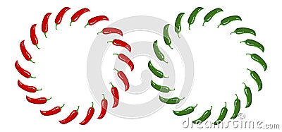 Red and Green Chilli Pepper Wreath. Fresh Vegetables isolated on white background. Circle Frame from Pepper for Market, Recipe Vector Illustration